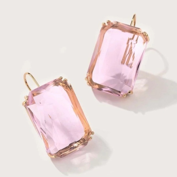 Pink Gemstone Charm Emerald Cut Bohemian Gold tone Earrings - Picture 1 of 5